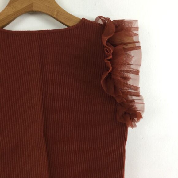 Bailey/44 Womens Rust Ruffle Sleeved Ribbed Knit Blouse Top Rust Size Medium - Picture 7 of 10
